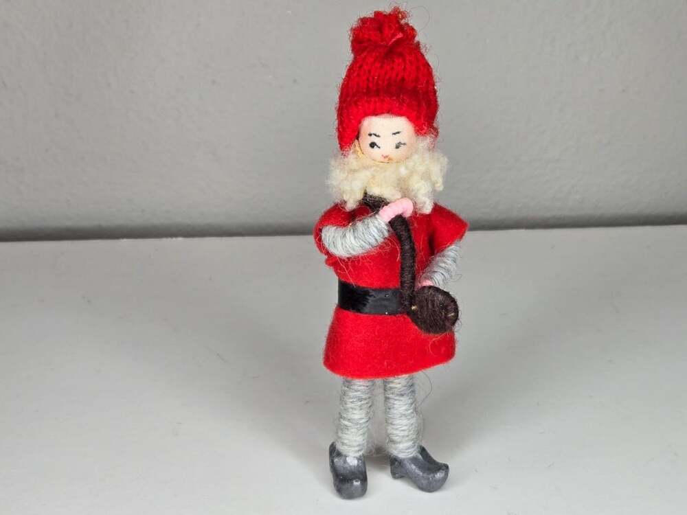 Vintage Anne Beate Design Denmark Yarn Wrapped Pixie Elf / Santa Doll With Pipe